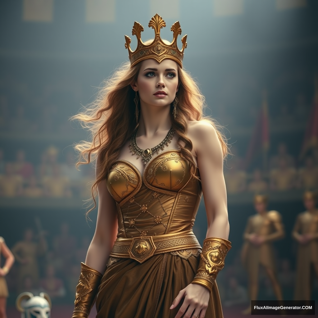 A very, very, very, very, very beautiful and gorgeous ancient Queen, the Queen of wrestling, standing in the arena. She looks very, very, very, very, very, very, very, very, very, very beautiful and gorgeous, has pale white skin, and is wearing royal clothes of gold for wrestling.