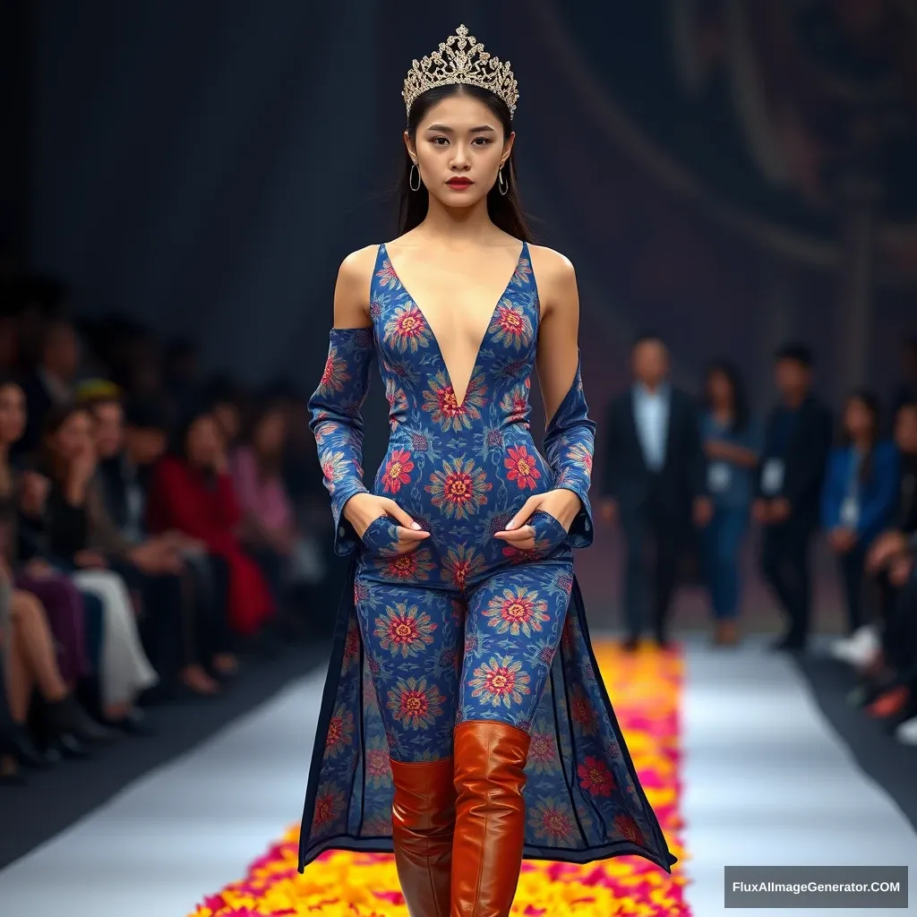 Tang Wei is wearing a jumpsuit styled one-piece (colorful patterned based on blue), a jeweled fancy tiara, and leather long boots. The front of the top is open, showcasing a colorful flower runway with a defocused background crowd. - Image