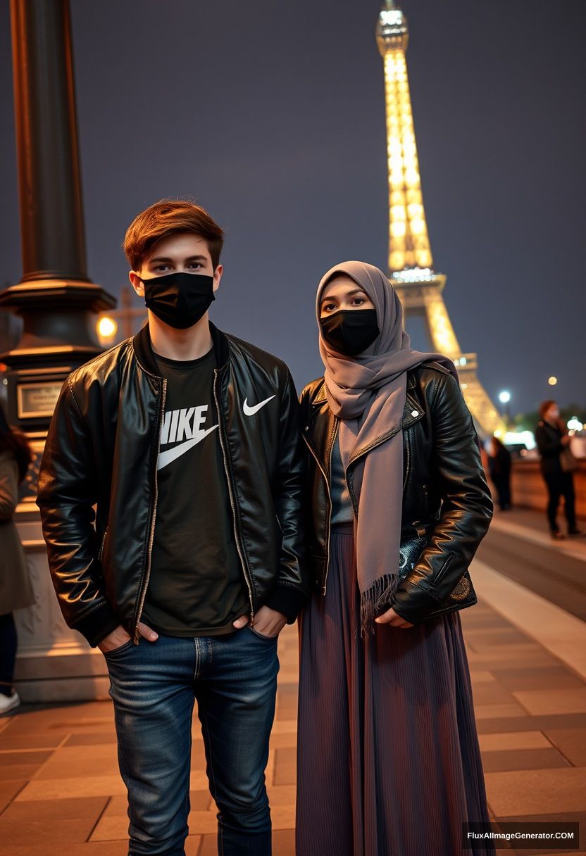 Jamie Dornan, youngest, black face mask, collage jacket, Nike t-shirt, jeans, tall man, fit body,

Dating, love with the biggest grey hijab Muslim girl, beautiful eyes, black face mask, leather jacket, biggest longest skirt, cute short girl,

standing near the Eiffel Tower, night scenery, hyper realistic, photorealistic, street photography. - Image