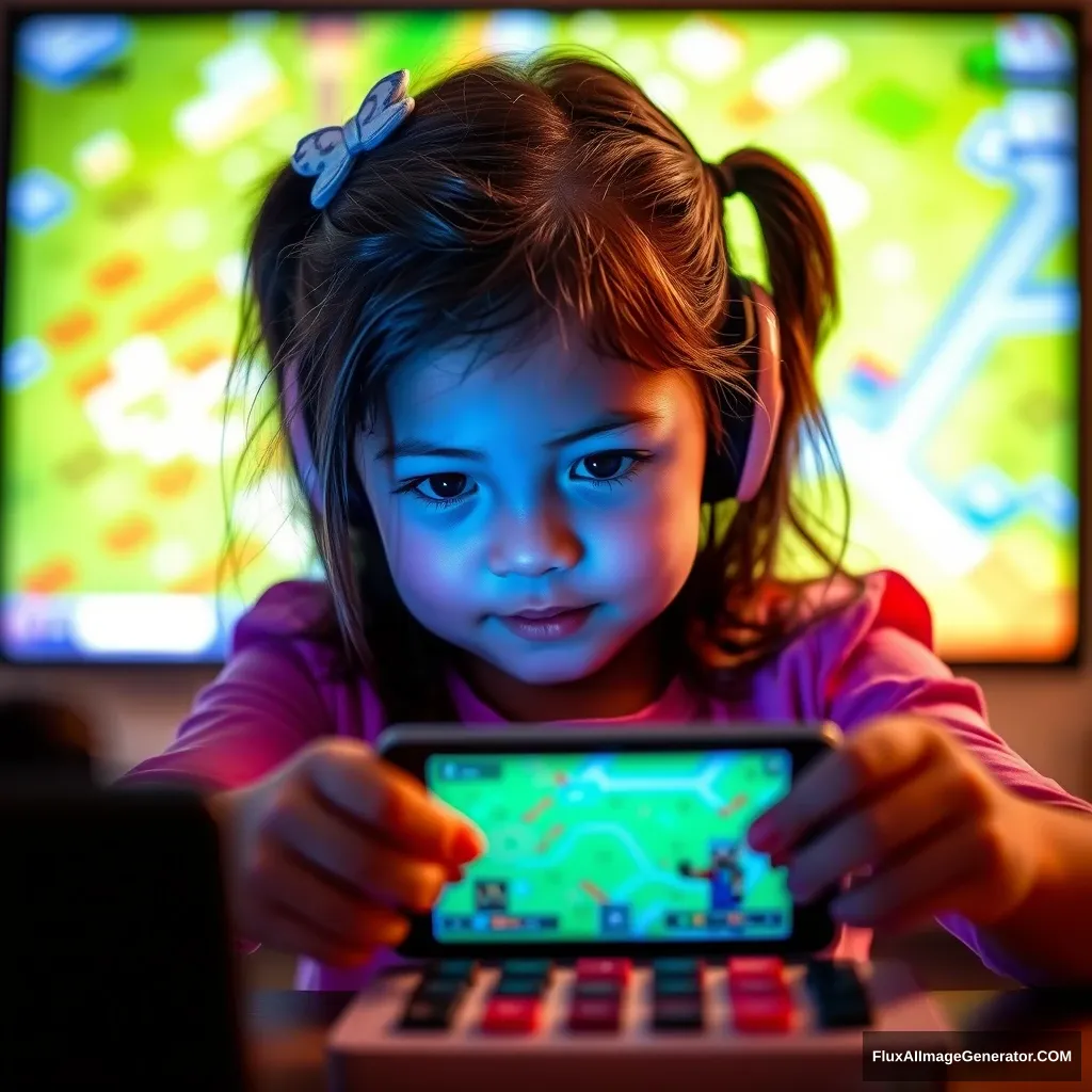 A little girl playing Minecraft in front of the screen. - Image