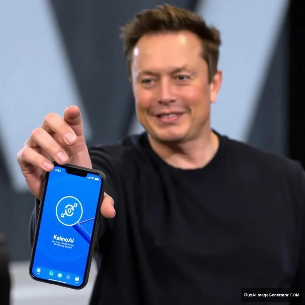 Elon Musk is holding a phone and the phone screen shows the KainoAI app, which has a blue style. - Image