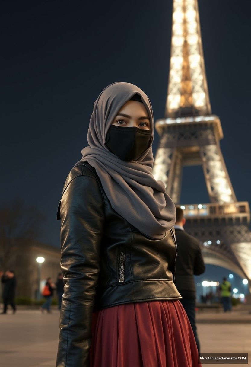 Biggest grey hijab Muslim girl, beautiful eyes, face mask black, leather jacket, biggest longest skirt, standing near Eiffel Tower, night scenery, strangers back, hyper realistic, photorealistic, selfie. - Image