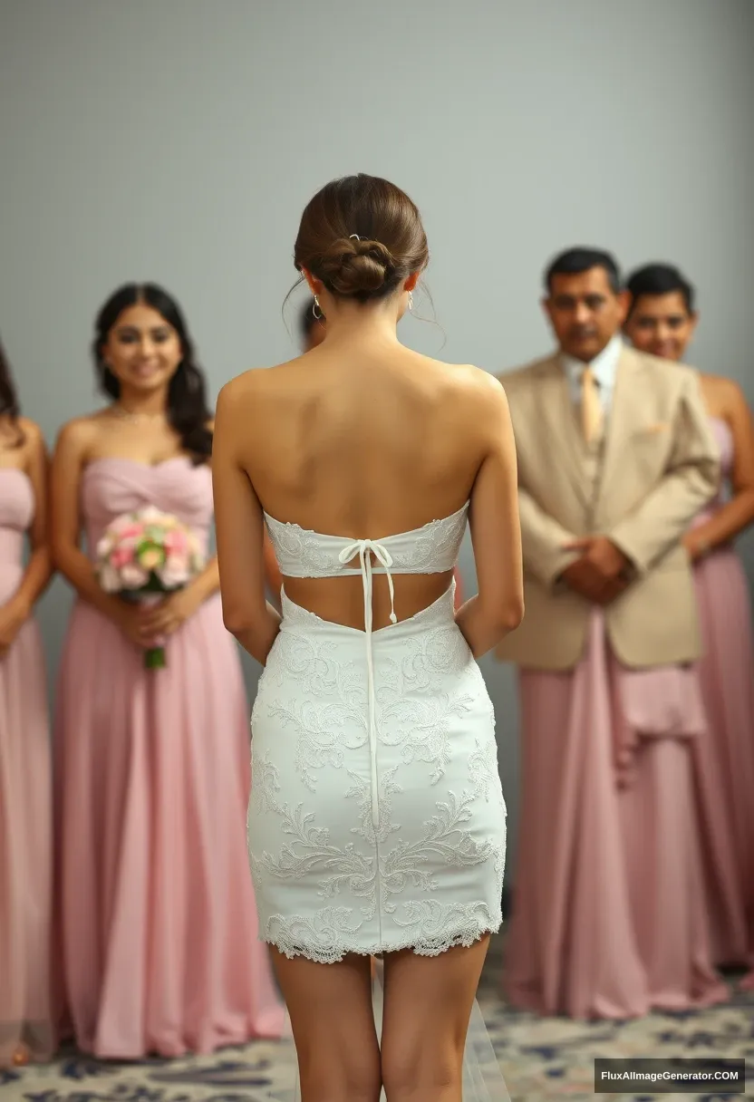 a young woman, sensitive, delicate, ashamed, backless strapless low-waisted wedding dress, in front of patriarchy - Image