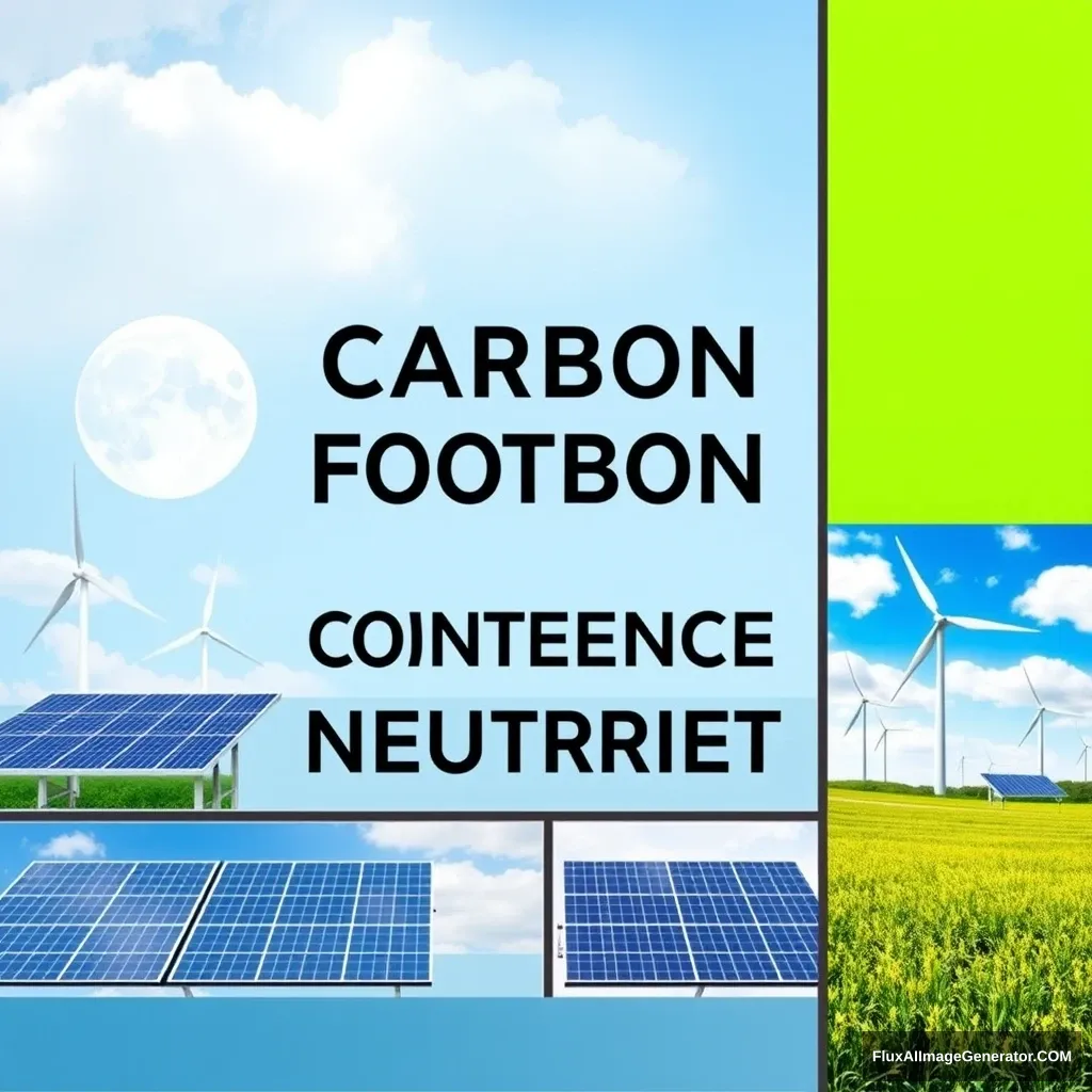 Background board for a conference on carbon footprint and carbon neutrality, with green and light blue as the main themes, highlighting the conference's focus on carbon emission control. There should be background images showing blue skies, white clouds, windmills, photovoltaics, and other green energy sources.