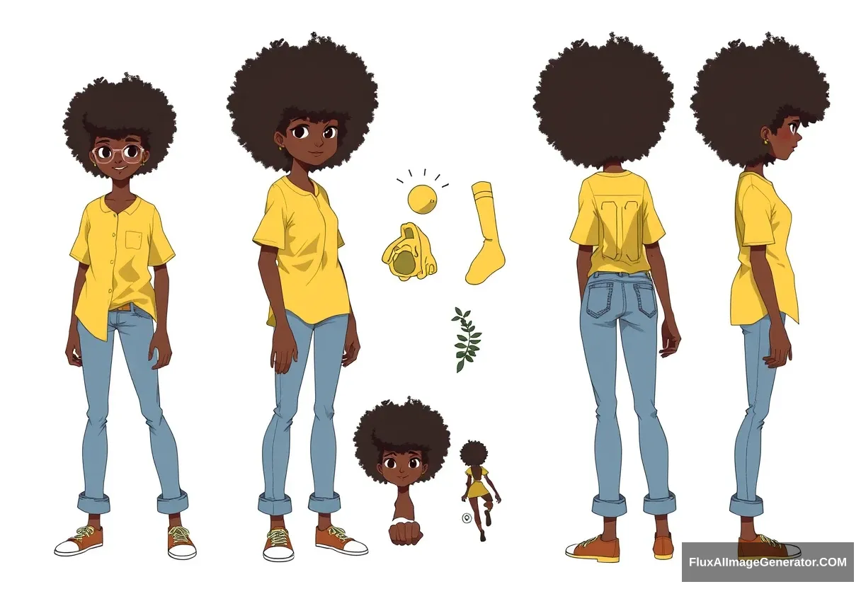 character sheet, front and side profile, girl in yellow shirt with jeans, afro hair covering eyes, - Image