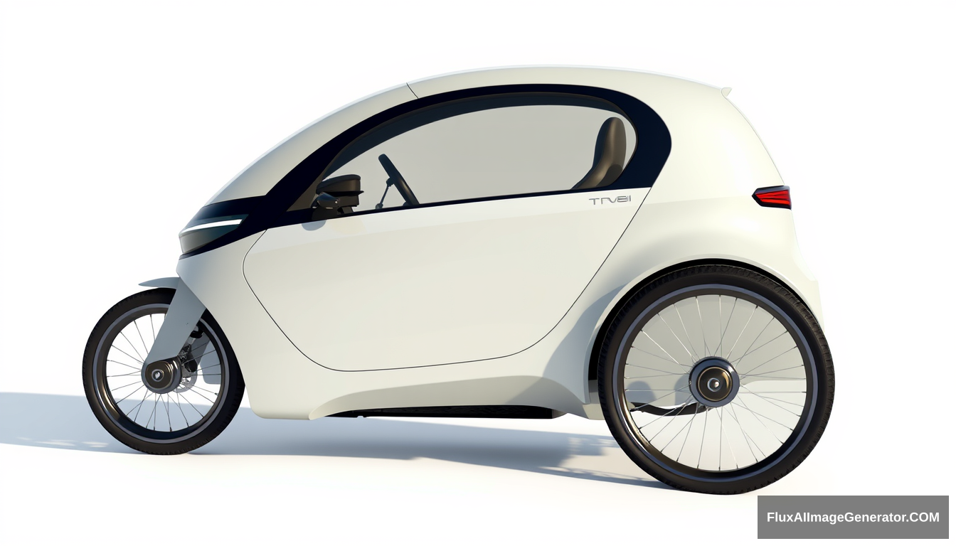 3 wheeled, enclosed, concept car, ((just 2 wheels in front)), ((only 1 in back)), 4k, wide bicycle wheels, very low, sleek, detailed.