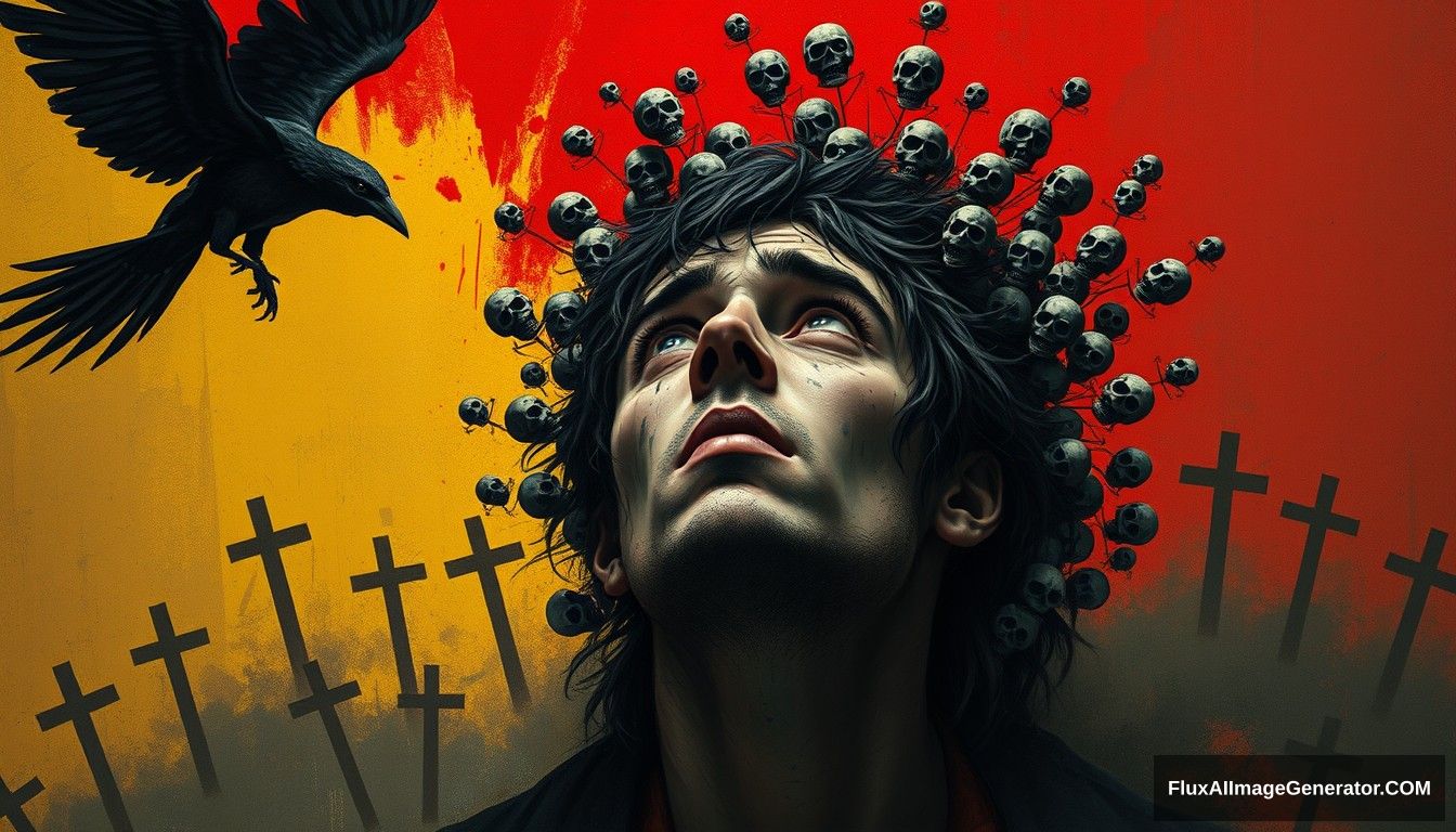 This is a digital painting in a dark, surreal style. The central figure is a man with a weathered, rugged face and tousled black hair. His eyes are wide open, gazing upward with a mix of fear and awe. The man's face is splattered with dark, almost black, paint, giving him a grimy appearance. His head is encircled by a chaotic, macabre halo of dozens of small, skeletal figures, each with a skull and crossbones motif, creating a nightmarish effect.

To the left, a large black bird with wings spread out is in flight, heading towards the man's face. The background is a stark, textured mixture of muted yellows and reds, with a dominant red at the top, creating a sense of intense emotion and urgency. The texture of the background is rough, with visible brushstrokes, adding to the chaotic atmosphere.

In the background, there are faint, ghostly outlines of crosses, suggesting a religious or sacrificial theme. The overall color palette is dark and muted, with the exception of the red background and the bird's black feathers, which stand out starkly. The painting is highly detailed and evokes a sense of horror and mysticism.