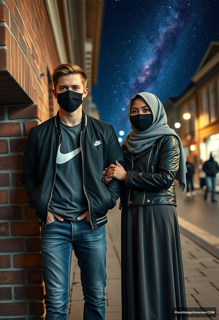 Jamie Dornan, youngest, black face mask, collage jacket, Nike t-shirt, jeans, tall man, fit body,

Dating, love with the biggest grey hijab Muslim girl, beautiful eyes, black face mask, leather jacket, biggest longest skirt, slim untall girl, holding his arm

standing at a brick wall, in town, night scenery, Milky Way, hyper-realistic, photorealistic, street photography.