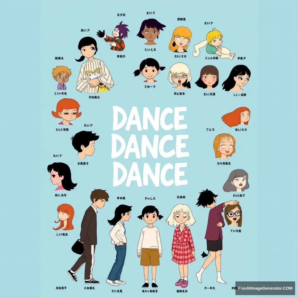 A poster with all the characters that appear in Haruki Murakami's Dance Dance Dance.