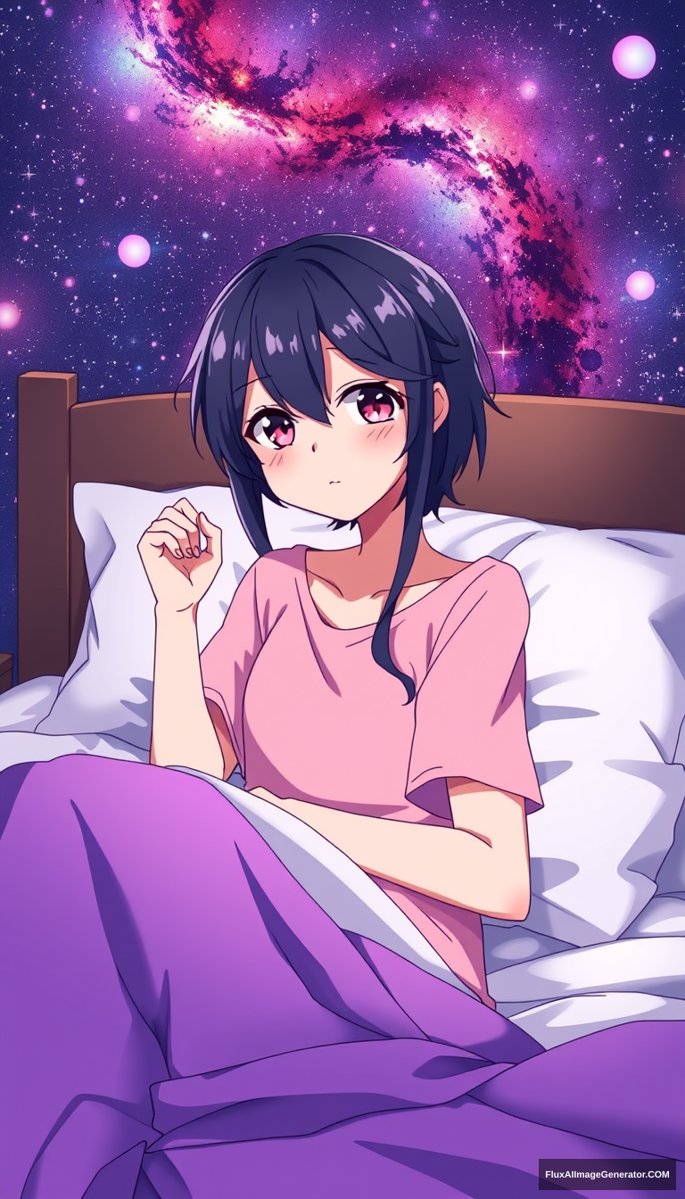 Galaxy anime teen. Cute. Random style. On bed. Looking shy. - Image