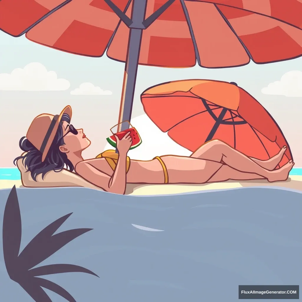 "Please draw a woman lying under a beach umbrella in the middle of summer, relaxing while drinking watermelon juice." - Image