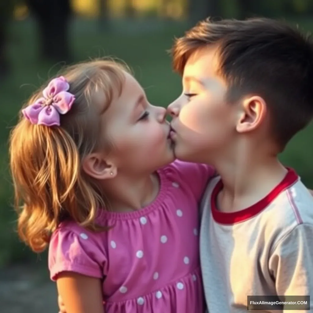 A girl and a boy share a light kiss. - Image