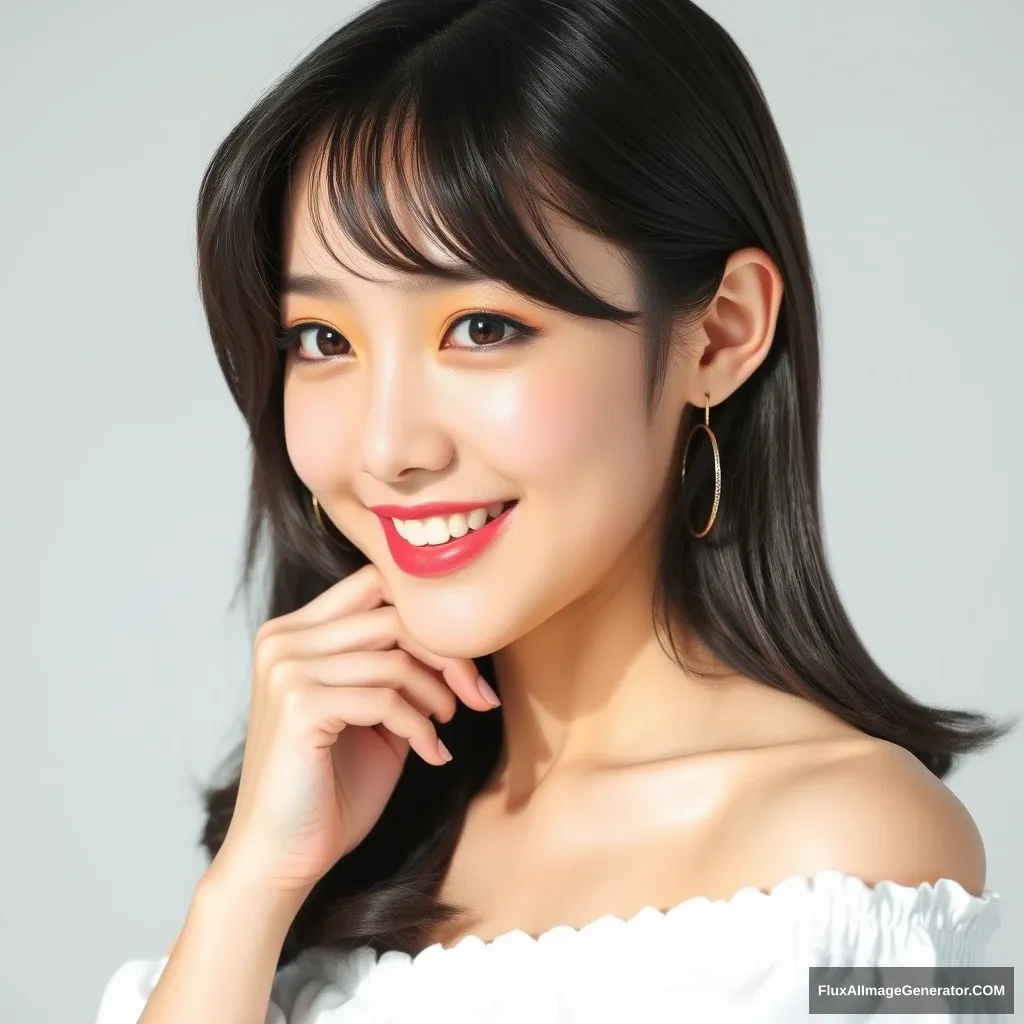 A photo of the Korean actress with black S-wave perm hair, who looks like Jisoo of Blackpink K-pop idol, wearing a white off-the-shoulder top, with shoulder-length hair, charming smile and touching her neck, against a simple white background, showing her upper body, with natural light, with super flawless skin, taken with professional photography skills, with clear focus and high definition.