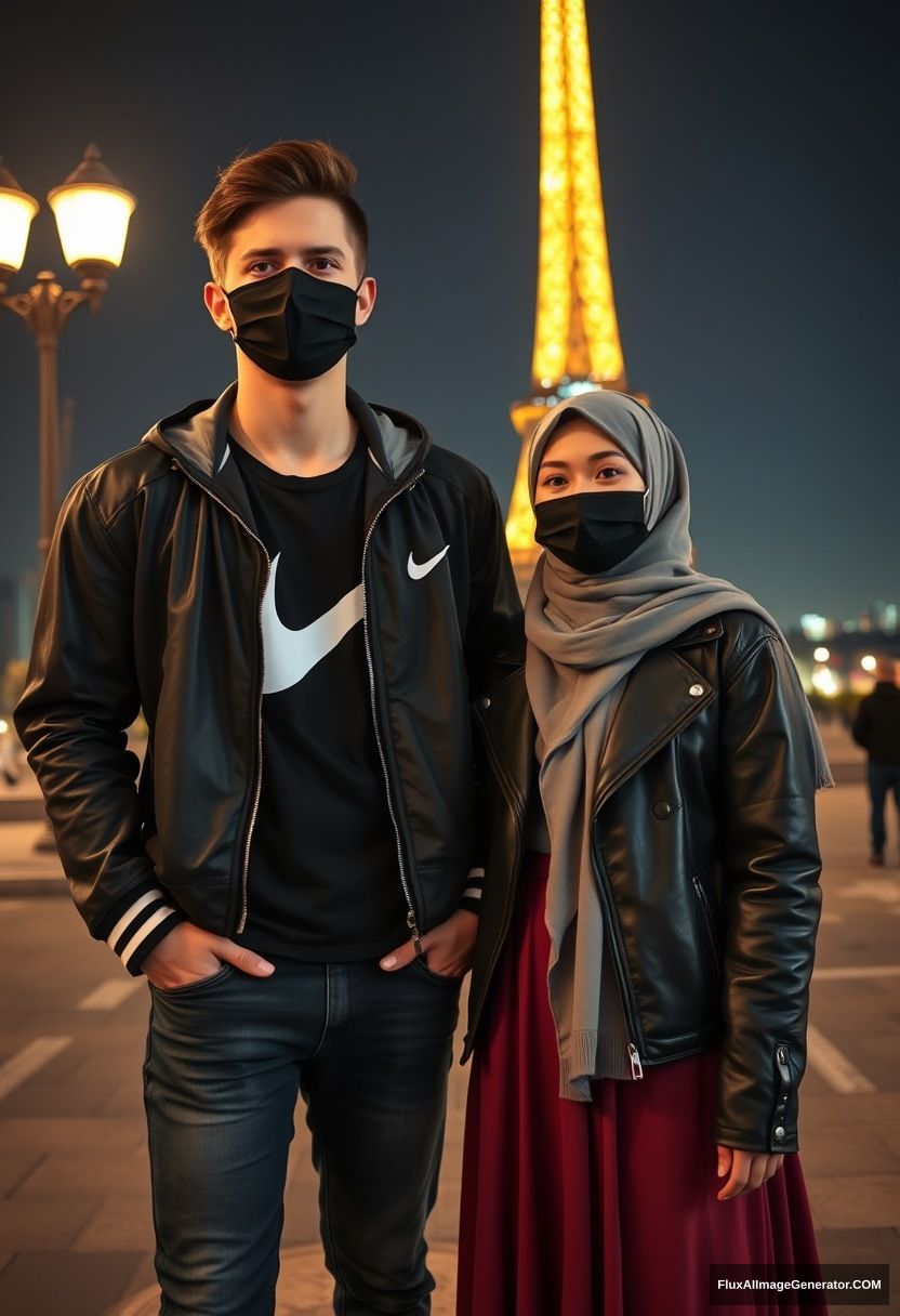 Jamie Dornan, youngest, black face mask, collage jacket, Nike t-shirt, jeans, tall man, fit body,

Dating, love with the biggest grey hijab Muslim girl, beautiful eyes, black face mask, leather jacket, biggest longest skirt, cute short girl,

standing near the Eiffel Tower, night scenery, hyper realistic, photorealistic, street photography, selfie photos.