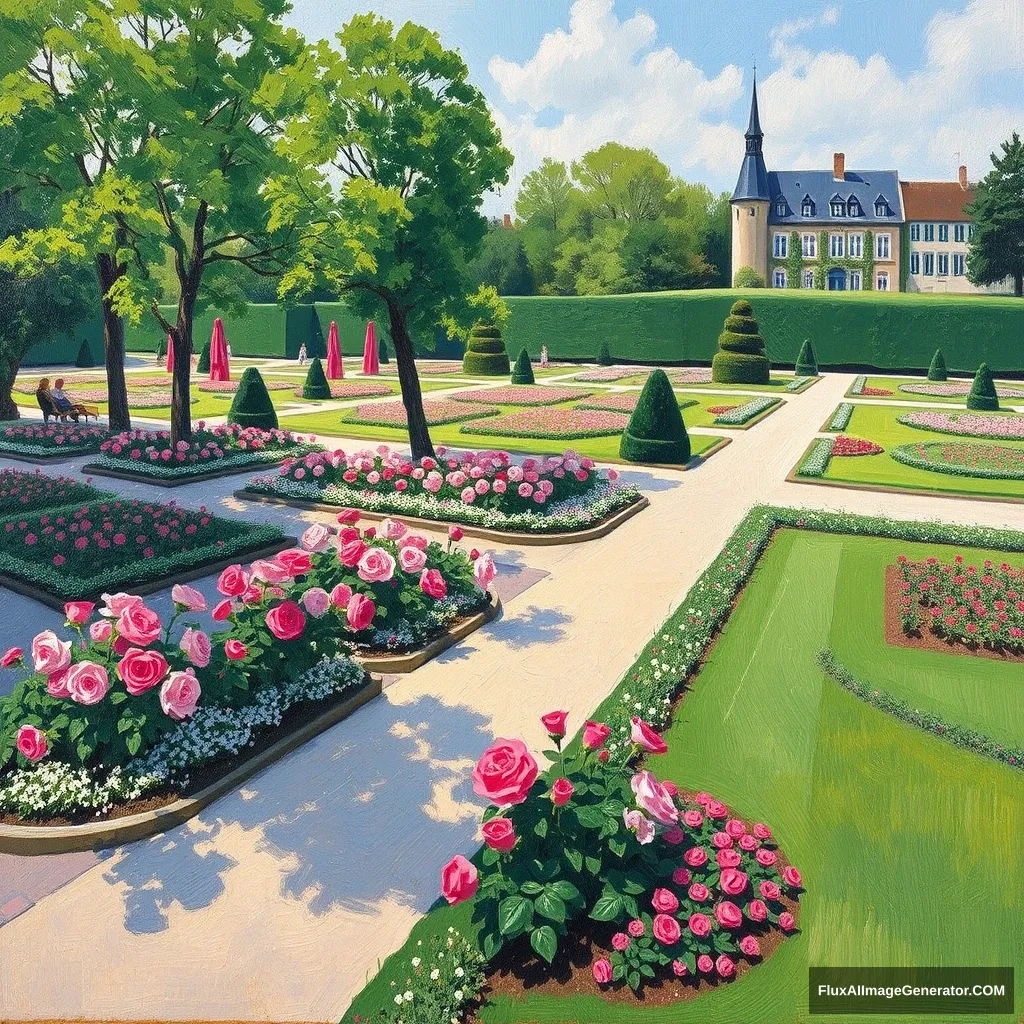 Impressionist painting of a park in Europe with rose patches, many paths, and flowers nicely arranged.