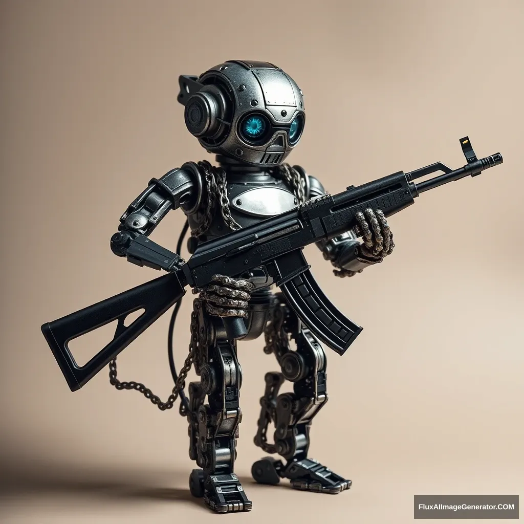 A robot assembled from motorcycle chains, holding a new AK47.