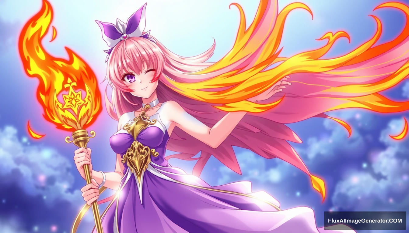 Anime girl with flames on one side of her face and a beautiful violet dress. Holding a gold scepter. - Image