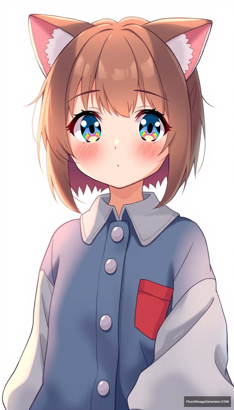 Very cute and kawaii anime girl with cel shading and oversized clothes. Cat-like girl. Cute button-up. Incorporation of red and blue for clothing. - Image