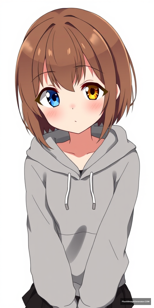 One anime girl with a blue left eye and a yellow right eye, and brown hair. She looks cute, has a short full body, and is wearing a gray hoodie with a black skirt. - Image