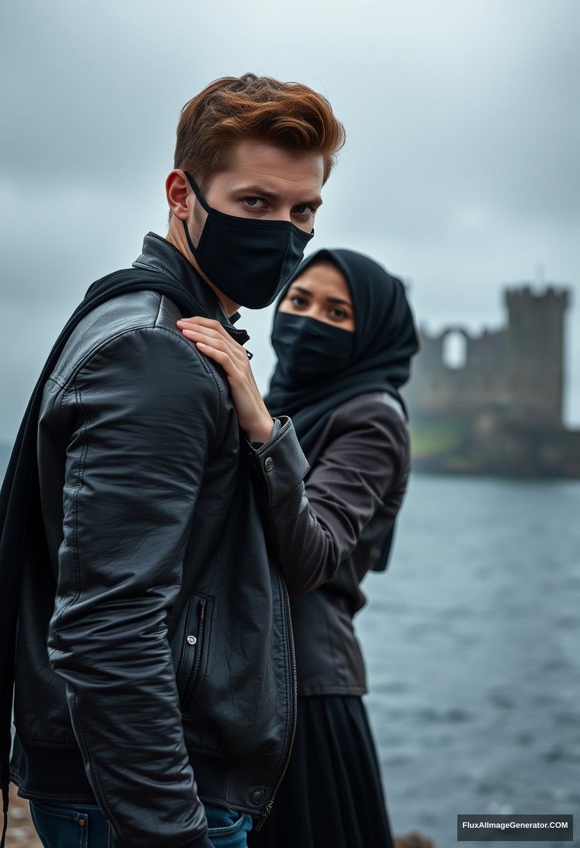 Jamie Dornan's head and body shot, handsome, youngest, face mask black, black leather jacket, jeans, dating, love with the biggest black hijab Muslim girl, not tall, beautiful eyes, face mask, maroon leather jacket, biggest black skirt, holding his shoulder, hyper-realistic, studio photography, full body photo, exploring at an abandoned castle, at sea, gloomy scenery. - Image