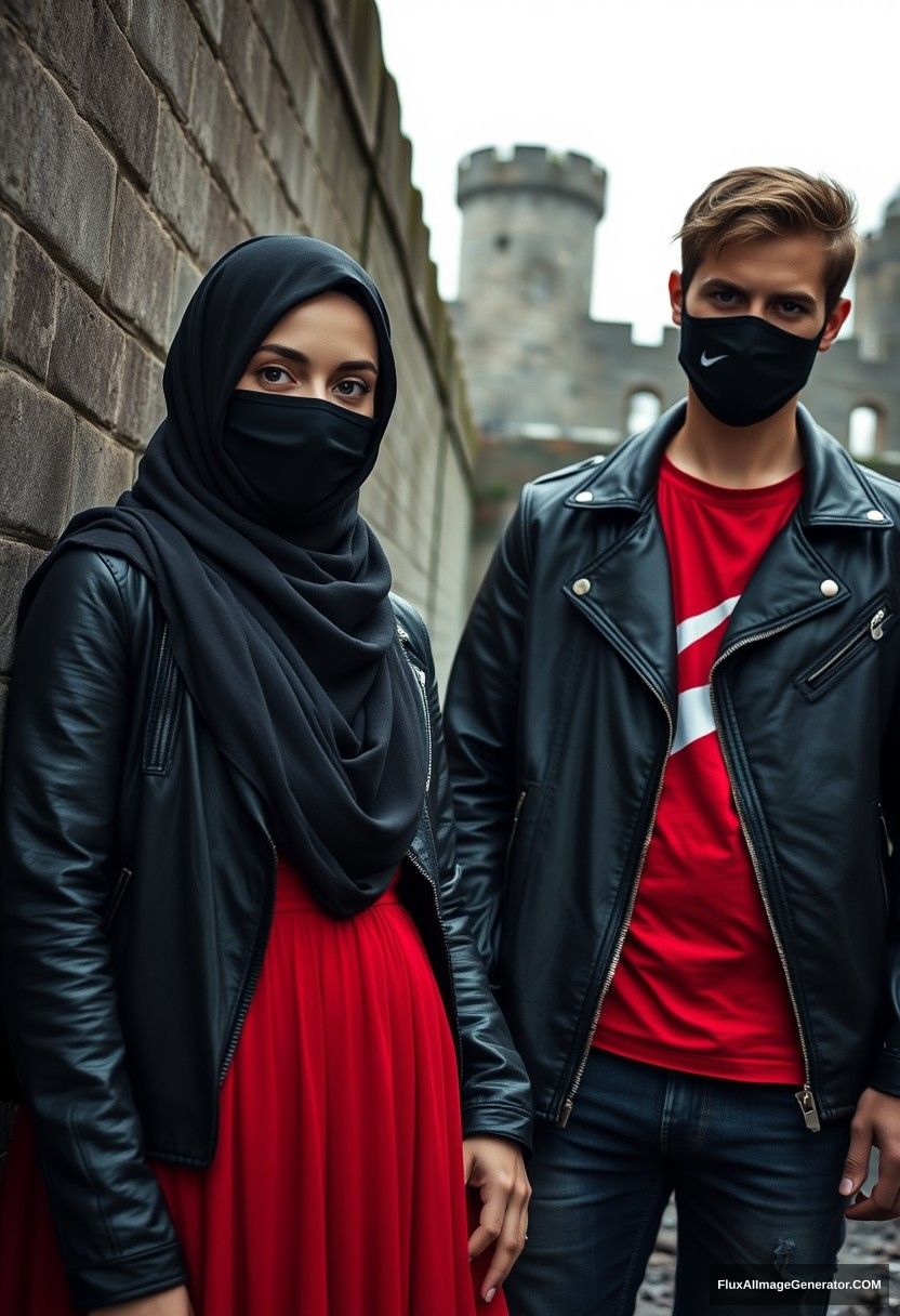 A girl in a large black hijab with beautiful eyes, wearing a black face mask, a black leather jacket, and the longest, biggest red dress, not tall,

Jamie Dornan, handsome, wearing a black face mask, fit and tough body, a red Nike t-shirt, black leather jacket, jeans, a tall man,

standing together near a wall,
Hyper realistic, photorealistic, street photography, Victoria's abandoned castle, gloomy, darkness. - Image