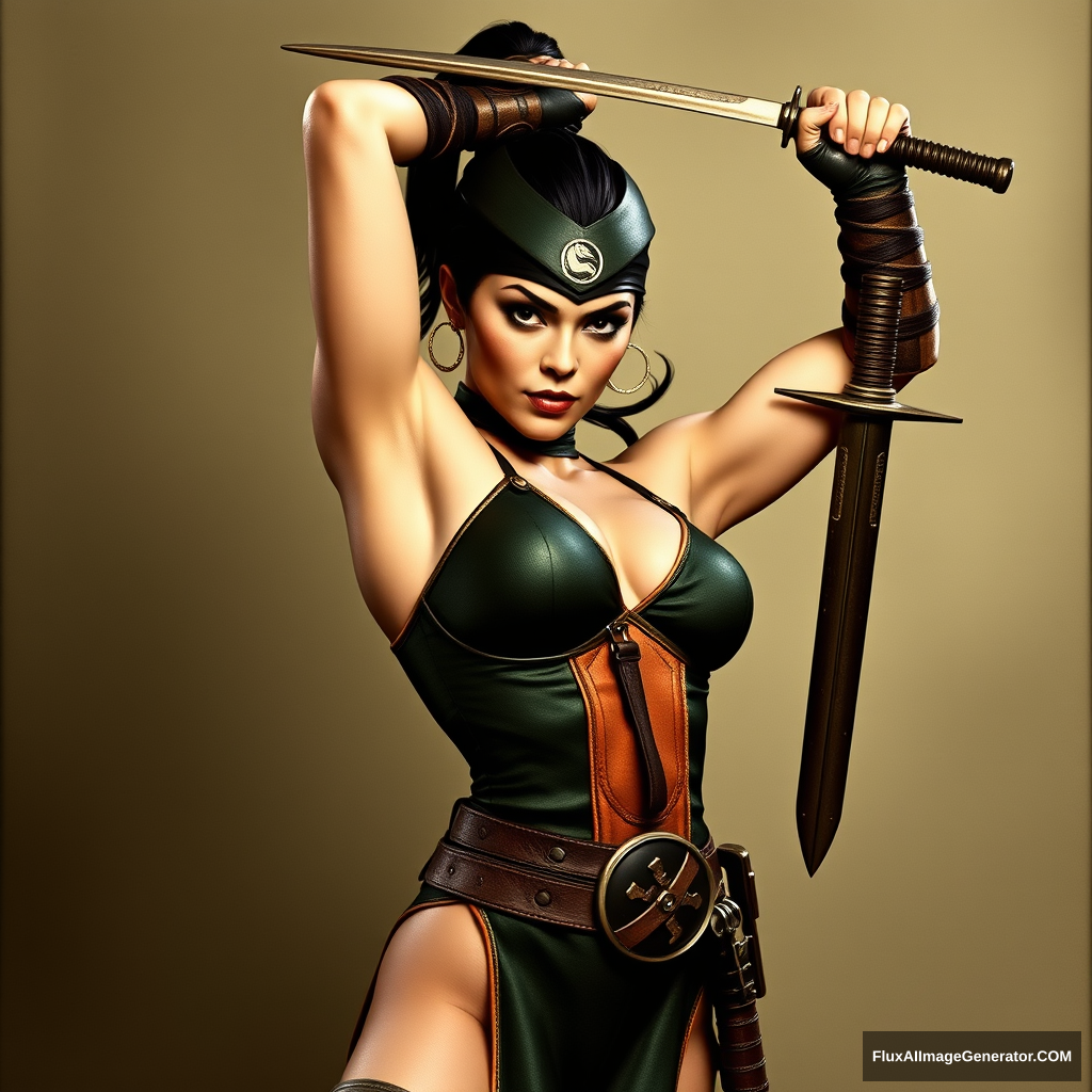 Kitana from Mortal Kombat, arms crossed above her head with weapons in her hands, 50s pinup photo style.