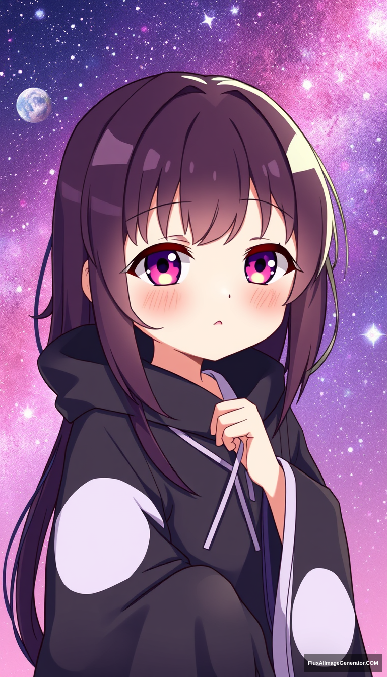 Galaxy anime girl. Cute. Random style. Black robe.