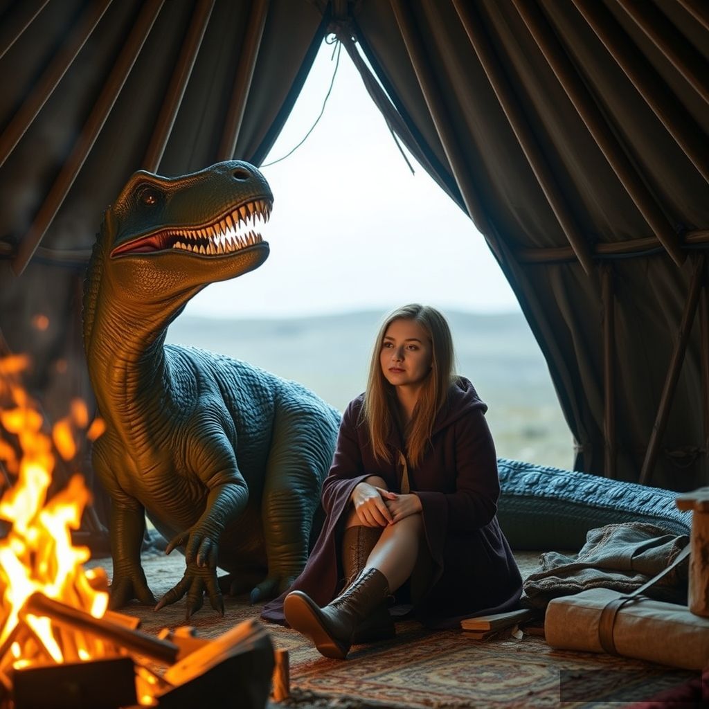 A 20-year-old Mongolian woman and a Dinosaur T-rex are sitting together inside a Mongolian yurt by the fire, realistic photo.