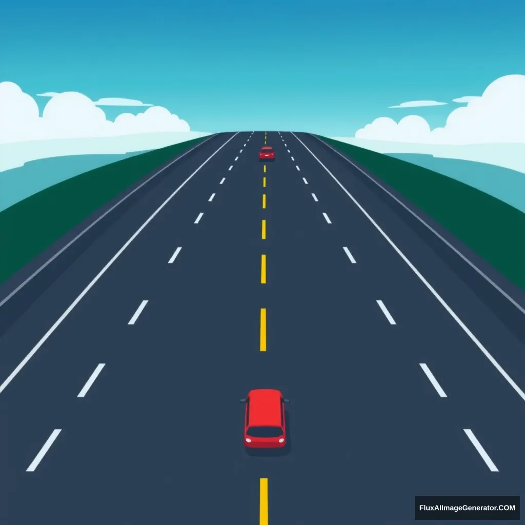 The road starts off as one road below and then branches off into two directions, double crossroad, highway, car, cartoon style.