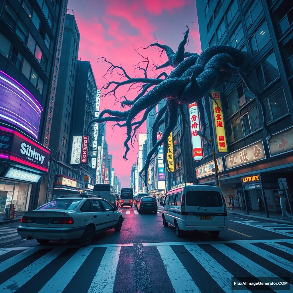 A cyberpunk style video game concept design picture, wide-angle shot, Shibuya Scramble Crossing, Tokyo, night scene, crosswalk line, abandoned vehicles, blue and purple neon lights, savage and giant vines grow and attach to buildings, sky is dyed red. - Image