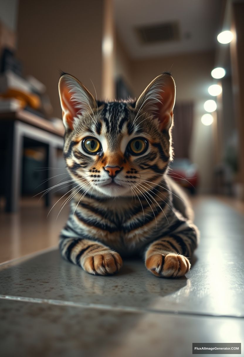 An American Shorthair, on the floor, looking towards the camera, panoramic view, light tracing, global lighting effects, 2k.