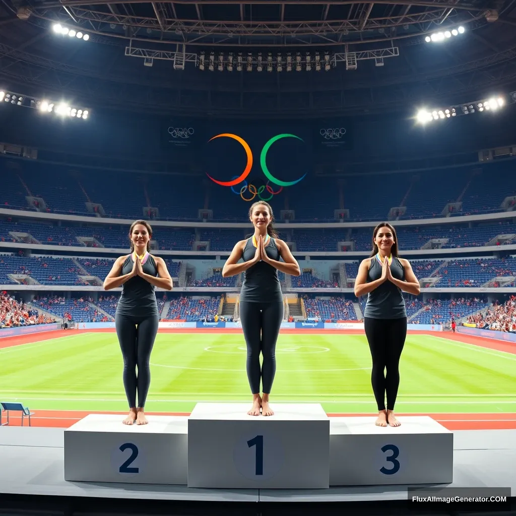 "Yoga has become an Olympic sport. So please imagine three female yoga athletes standing side by side on the podium in the center of the Olympic arena, where the Olympic rings are displayed, receiving gold, silver, and bronze medals. The podium is marked with 1, 2, and 3. The pose for receiving the awards would be the namaste position with their hands together in front of their chest."