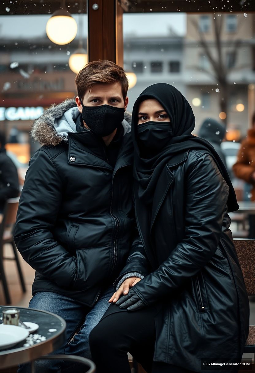 Jamie Dornan, handsome, young, wearing a black face mask, a snow jacket, jeans, dating a beautiful Muslim girl in the biggest black hijab with beautiful eyes, also wearing a black face mask, a black leather jacket, in a winter scenery, sitting at a cafe near a glass window in town, gloomy, photorealistic, street photography.