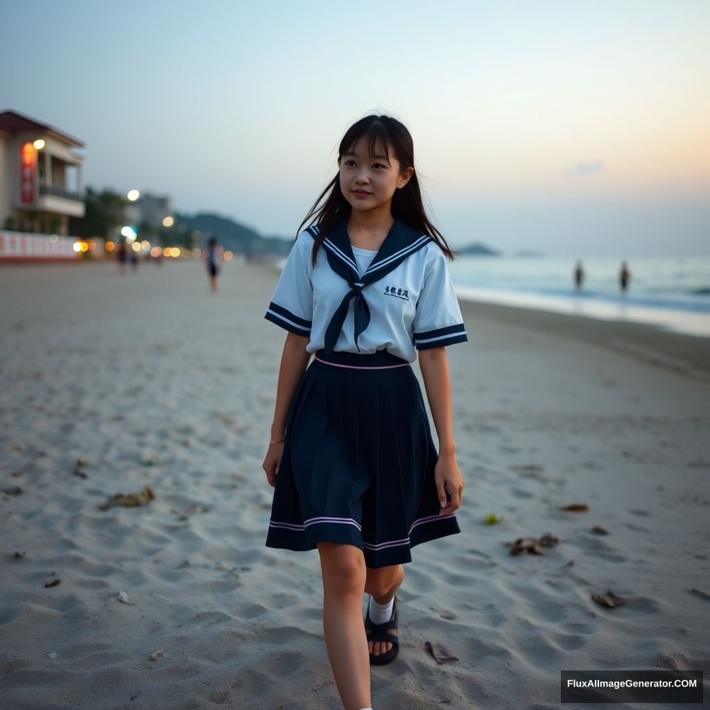 A female student walking on the beach, sand, dusk, Chinese, street, Chinese school uniform, 14 years old.