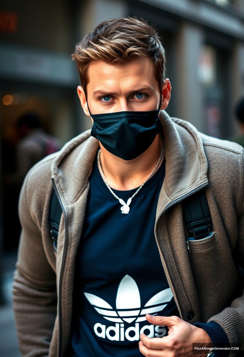 Jamie Dornan, handsome, blue eyes, wearing a silver Playboy necklace, black face mask, dark blue Adidas t-shirt, sweater jacket, jeans, black sneakers, fit body, photorealistic, street photography, full photography.