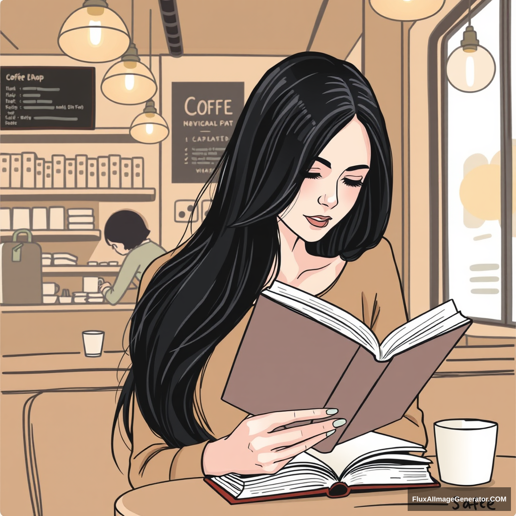 "Please draw a woman reading a book. A woman with long black hair is reading a book in a coffee shop." - Image