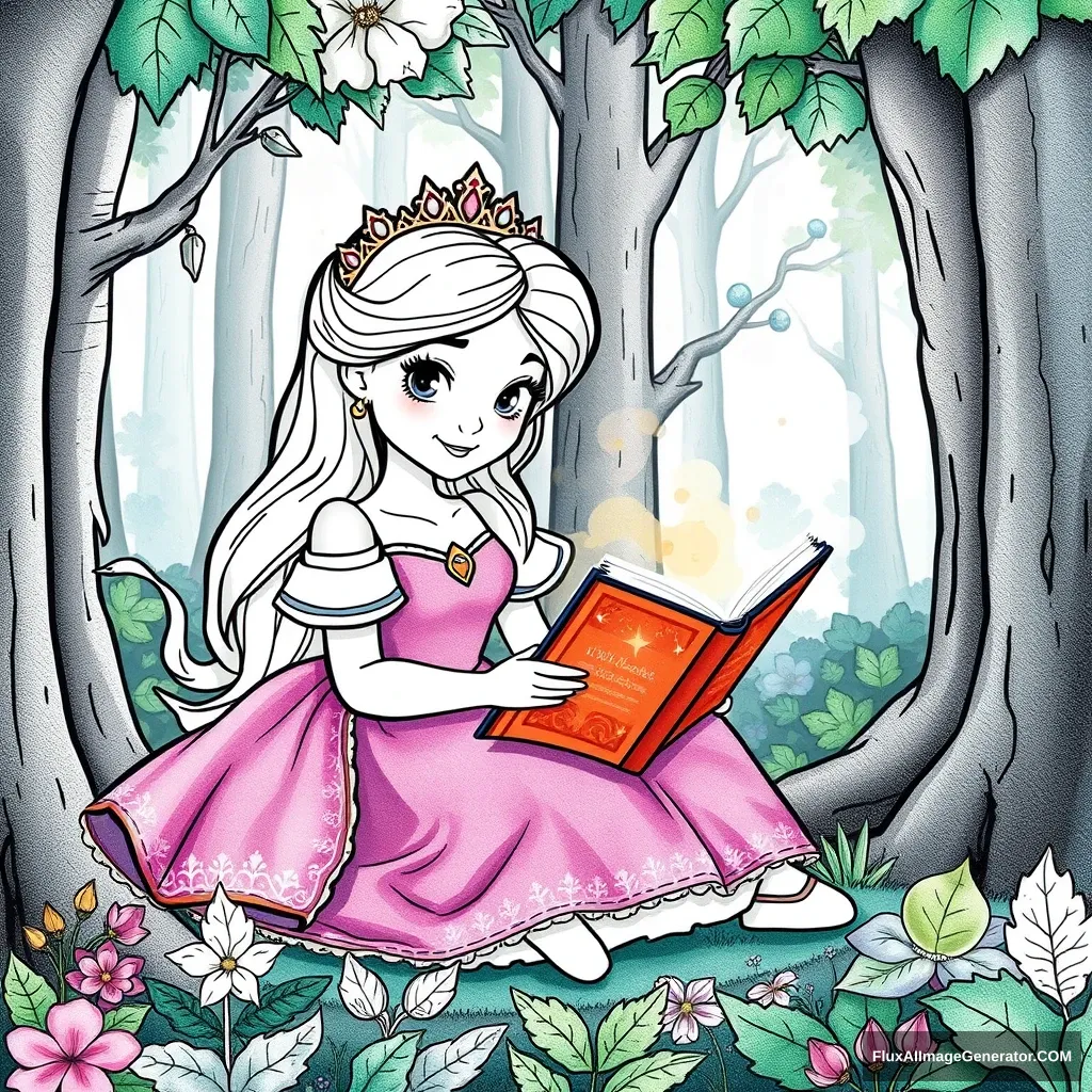 A coloring book cover, a princess reading a magical book in the forest, half monochrome and half color, in watercolor style, cartoon style, thick lines, low details, vivid colors.