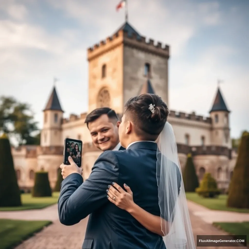 A couple is taking wedding photos in front of a historical castle; I can see their faces.