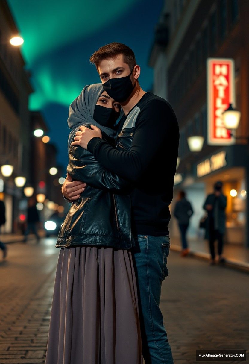 Jamie Dornan, tall, young, black face mask, black long-sleeve playboy t-shirt, jeans, 

dating, love, romantic with a grey hijab Muslim girl, beautiful eyes, black face mask, leather jacket, very long and big skirt, not a tall girl, 

lying on his shoulder, hugging from behind, in town, photorealistic, street photography, night scenery, aurora borealis.