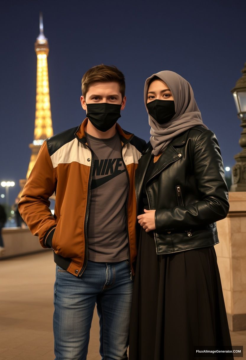 Jamie Dornan, youngest, face mask black, collage jacket, Nike t-shirt, jeans, tall man, fit body,

Dating, love with the biggest grey hijab Muslim girl, beautiful eyes, face mask black, leather jacket, biggest longest skirt, cute untall girl,

standing near the Eiffel Tower, night scenery, hyper realistic, photorealistic, street photography.