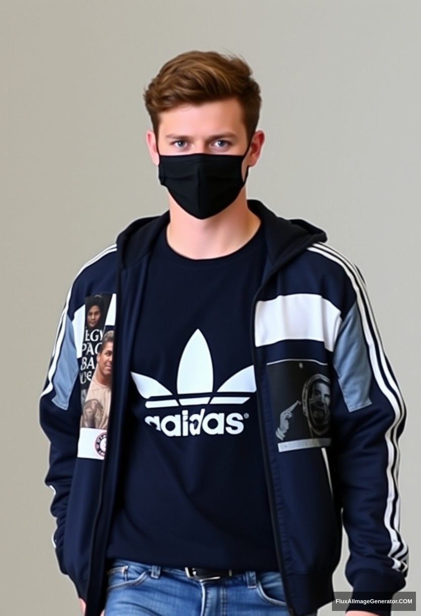 Jamie Dornan, youngest, black face mask, dark blue Adidas t-shirt, collage jacket, jeans, fit body. - Image