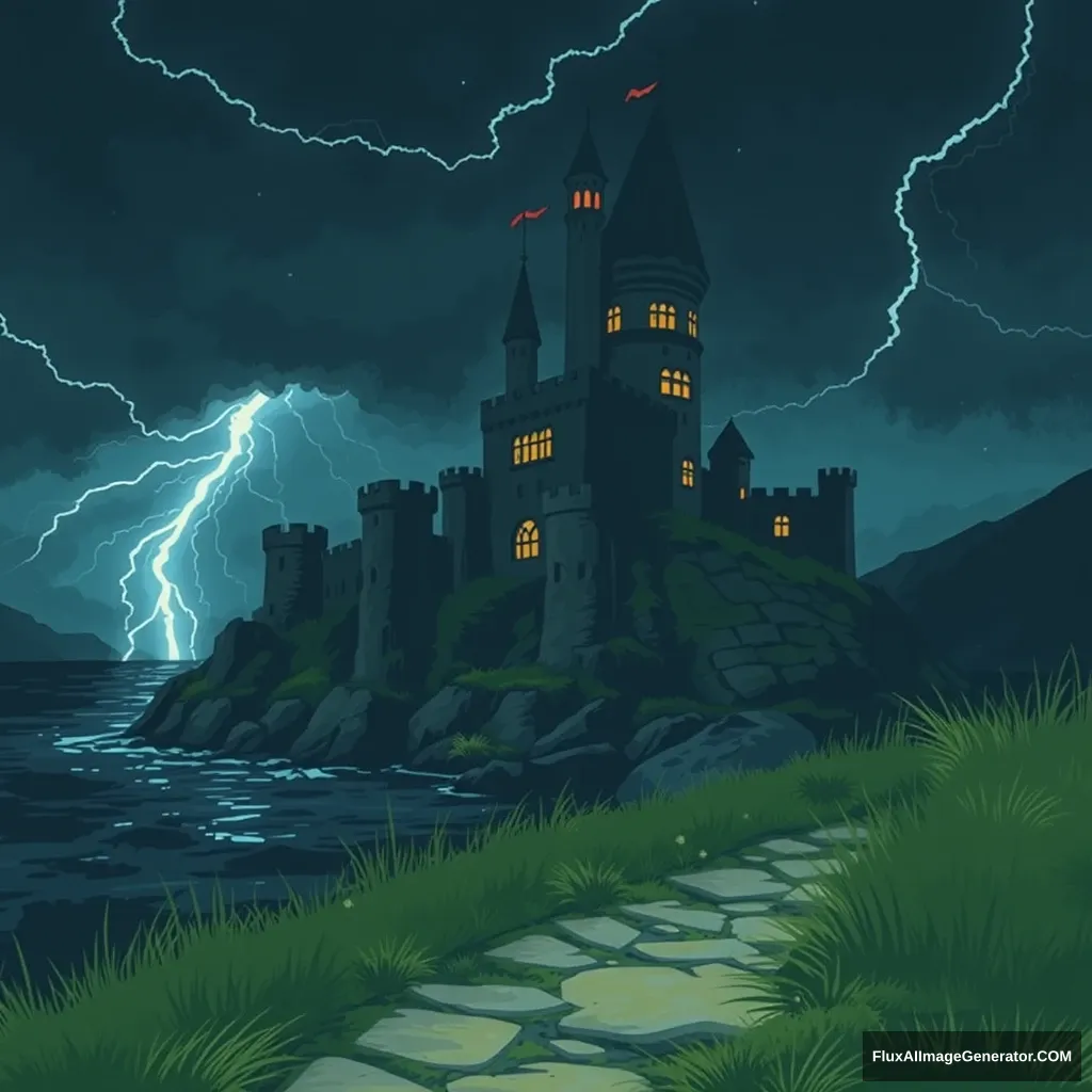 coastal castle at night in a thunderstorm in the style of munch - Image