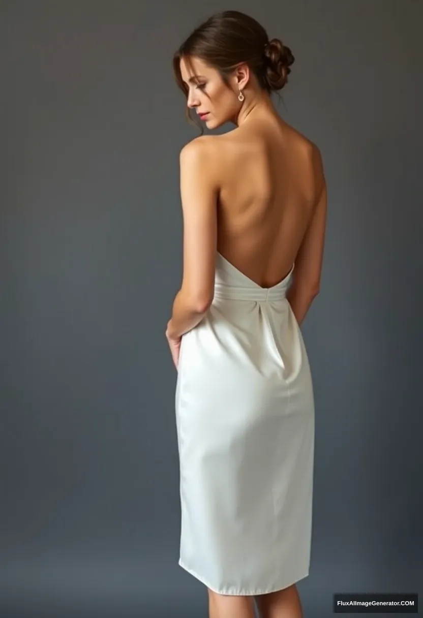 a young woman, sensitive, delicate, ashamed, backless strapless low-waisted silk wedding short dress - Image