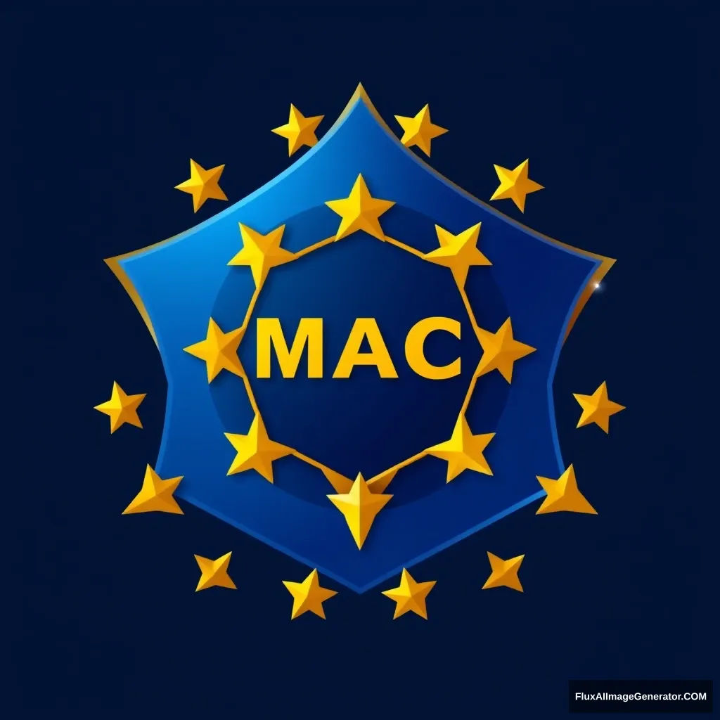 Design a logo for a government youth program with a pentagon-shaped center featuring the letters 'MAC' in gold, shaped into a pentagon, on a dark blue background. Surround this central pentagon with a gold 7 points heptagram star. 4 star points on the bottom and 3 star points on the top. The logo should have a metallic appearance with gold and blue colors for a three-dimensional effect. - Image