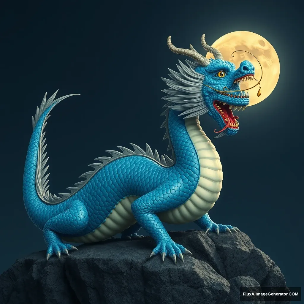 Korean real blue dragon. There is a moon in the background.