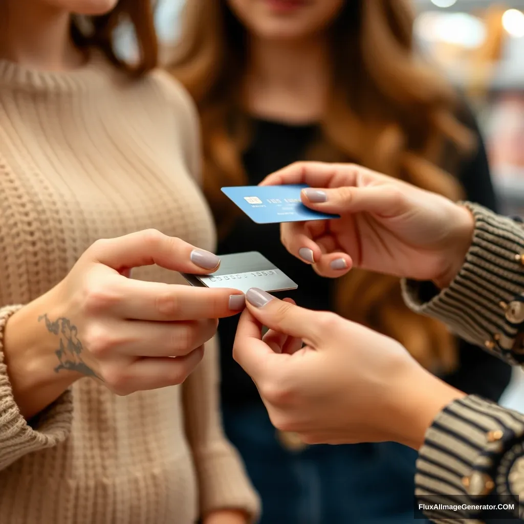 Close-up on a woman's hands. She's about to make a purchase with a credit card, but another woman is grabbing the card from her. - Image