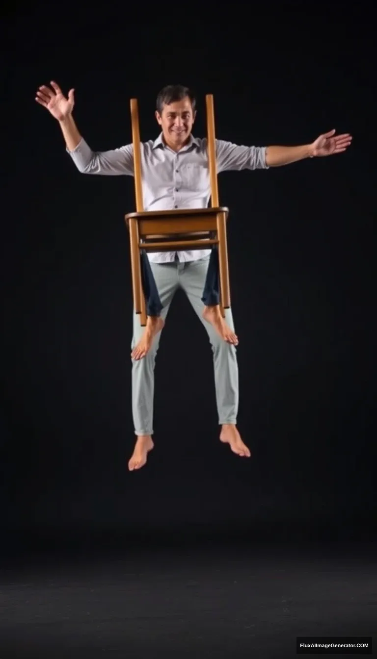 A guy balances a chair on the ground on all four legs at the same time.