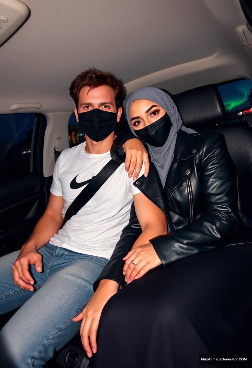 Jamie Dornan, tall, young, wearing a black face mask, a white Nike T-shirt, and jeans, 

dating a beautiful Muslim girl in a grey hijab, with beautiful eyes, wearing a black face mask, a leather jacket, and a very long and big skirt, who is not tall, 

sitting together in a car, resting on his shoulder, in town, photo-realistic, selfie photos, night scenery, aurora borealis. - Image