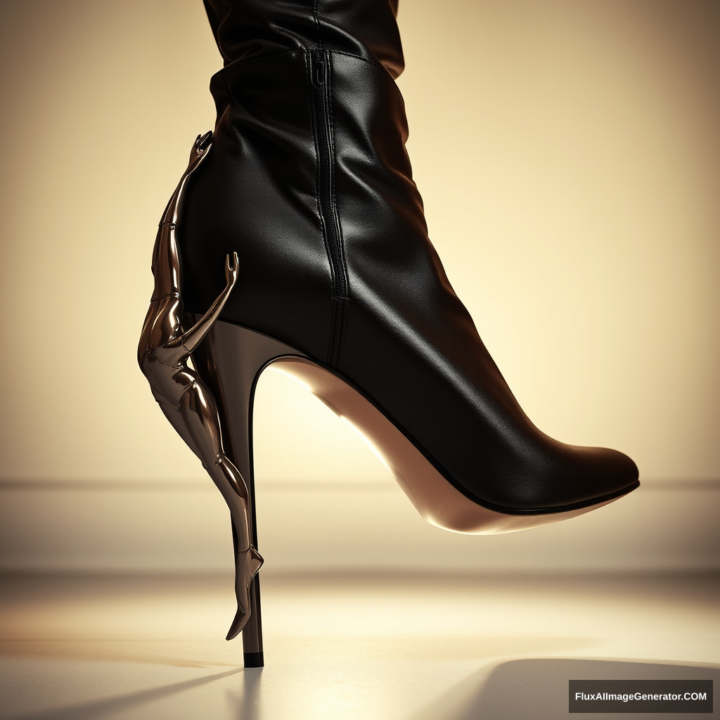 A high-fashion stiletto boot with a sleek, leather upper and a unique heel designed as a metallic sculpture of a woman's body in an artistic and sexy pose who embraces the boot. The heel features a detailed, life-like figure of a woman, with the torso and legs forming the structure. The rest of the boot is made of traditional materials, like leather, suede, and lace, while only the heel is reflective metal, highlighting the intricate design. Soft lighting emphasizes her refined beauty against a cozy white background with ground-level lighting, creating a cinematic composition and depth of field.