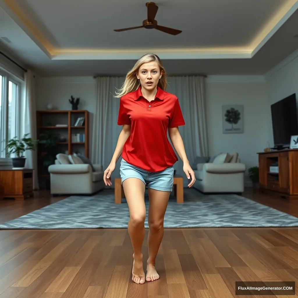 A front view of a blonde, skinny woman in her early twenties is in her massive living room. She is wearing a massively oversized red polo t-shirt, which is quite off-balance on one shoulder, and the bottom part of her t-shirt is also untucked. She is wearing light blue denim shorts and no shoes or socks. She faces the camera with a scared expression and runs towards it with both arms straight down. - Image